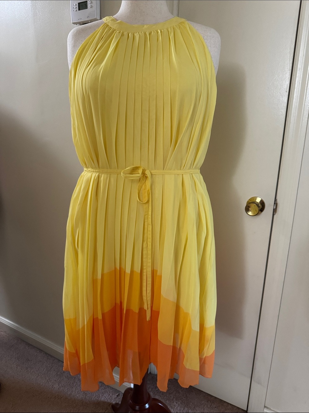 New York & Company Yellow and Orange Pleated Halter Midi Dress